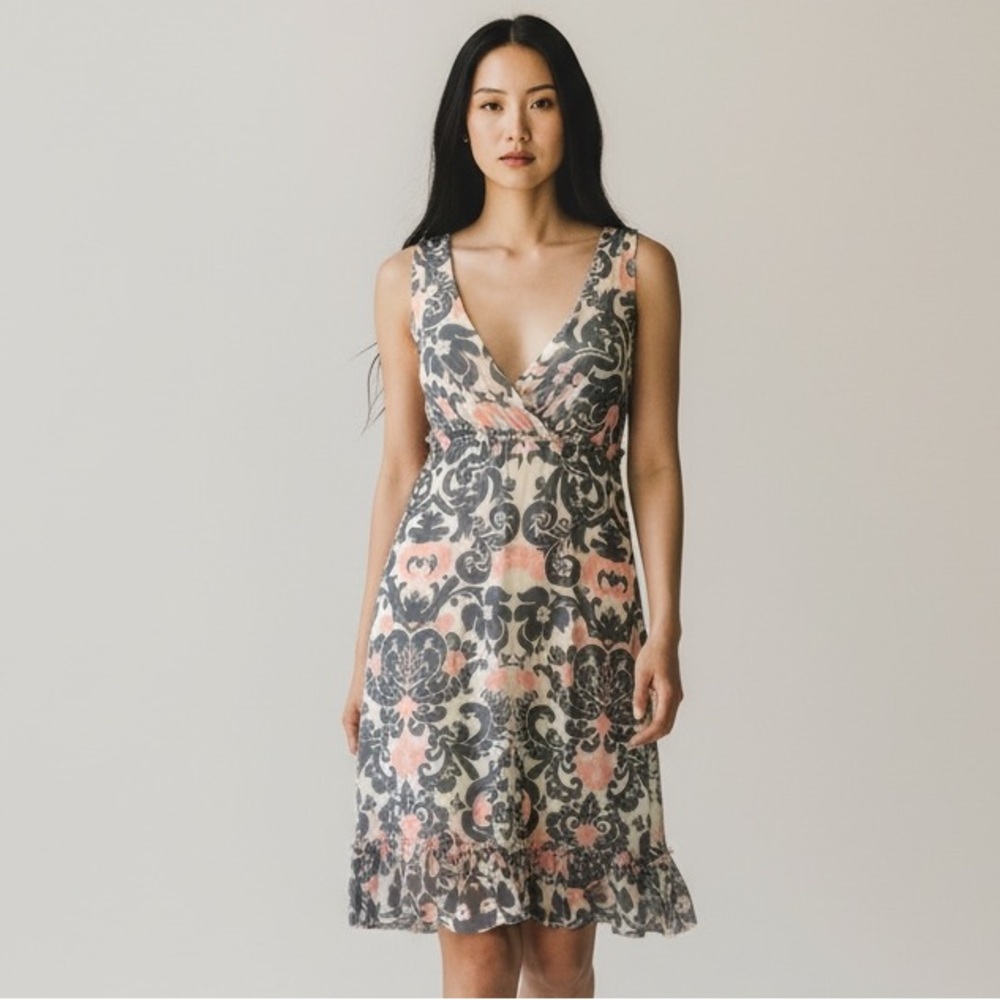 WESTON WEAR Dress Anthropologie Empire Floral Gray Pink Sleeveless Crossover